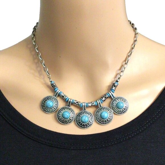 Lydell NYC Necklace Simulated Turqoise Silver Tone Boho Style Adjustable Length - Picture 1 of 3